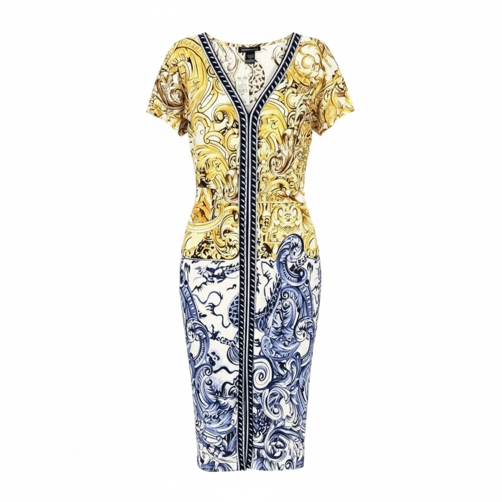 Ashley Stewart Baroque Print Midi Dress in Yellow and Blue Size 12